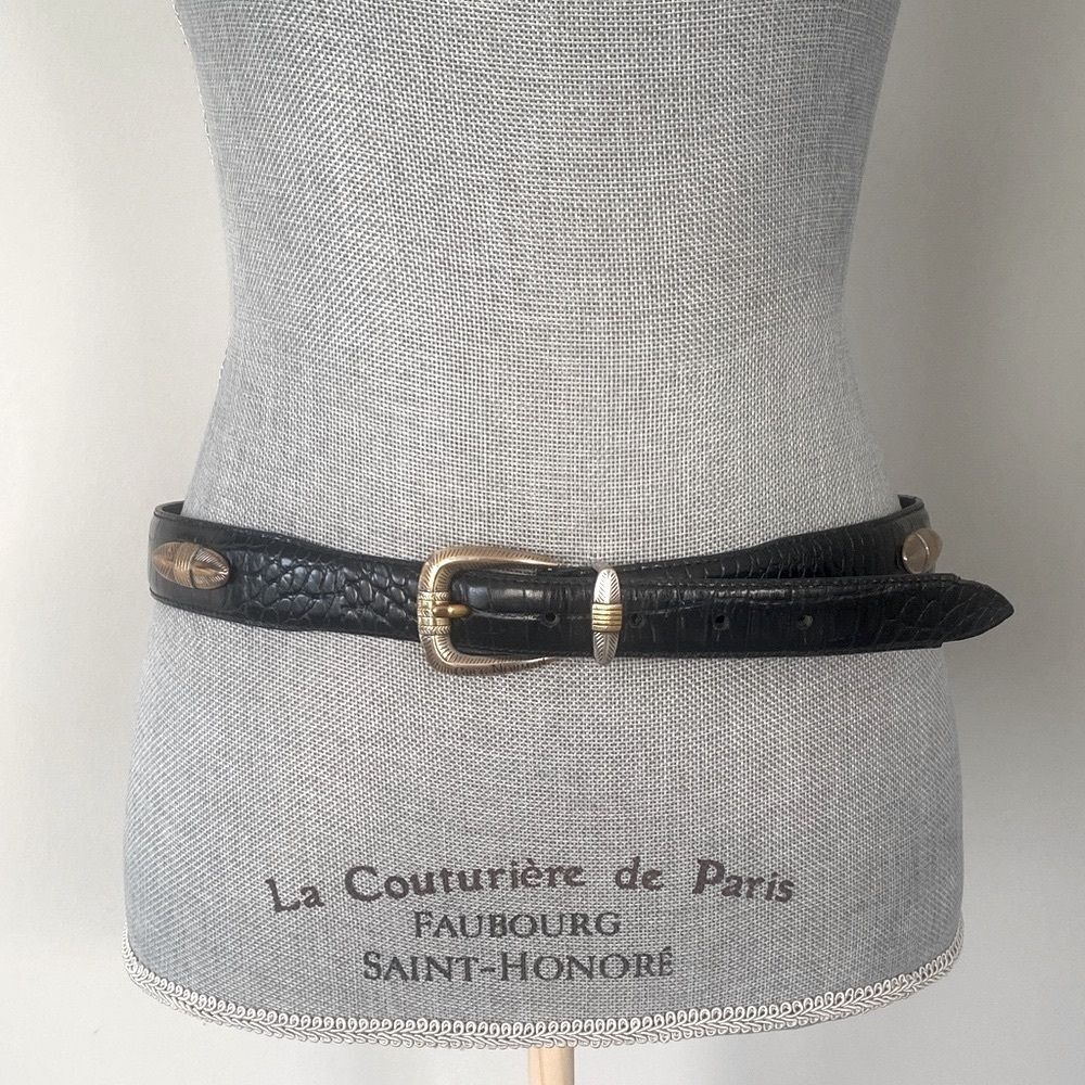 Greg Norman Collection Black Croc-Embossed Leather Belt Gold Buckle 40" Western